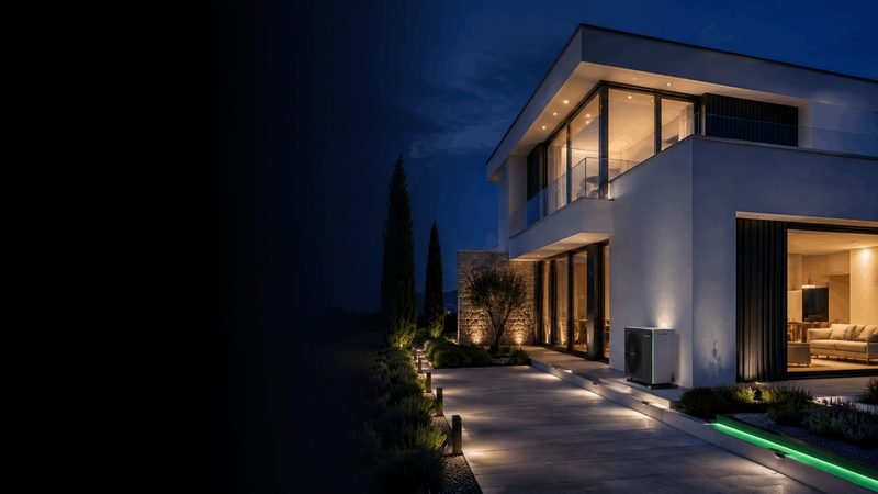 Vivienda moderna con bomba de calor instalada en el exterior
